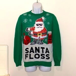 Unisex Youth Santa Floss Sequined Holiday Graphic Pullover Sweater